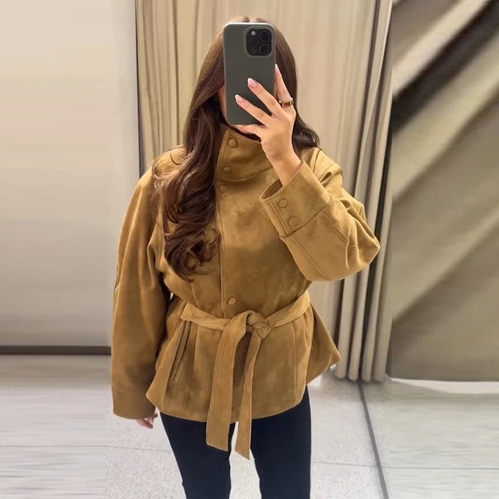 Women's Belted Suede High Collar Jacket — Khaki