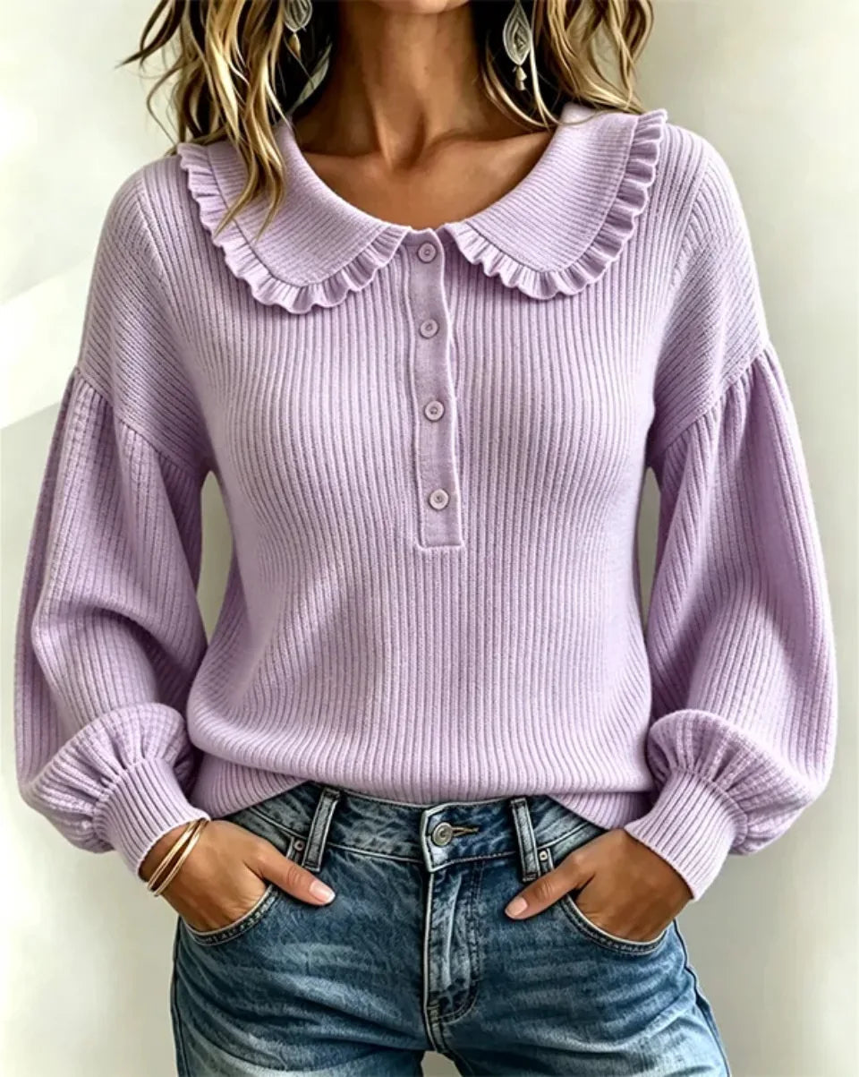 Women's Ribbed Knit Top with Statement Collar