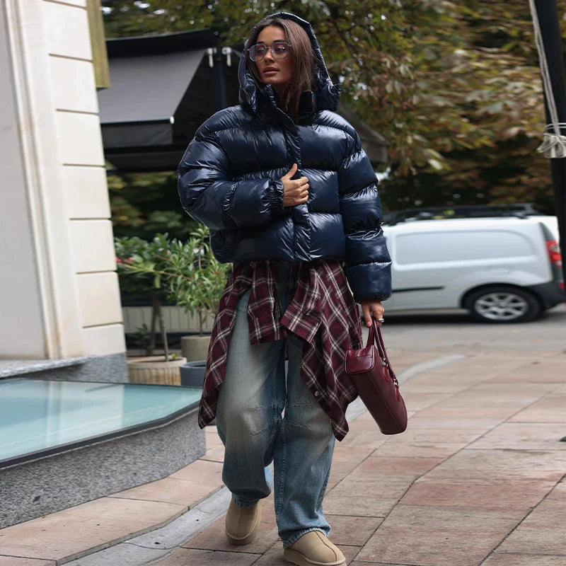 Women's Glossy Cropped Puffer Jacket with Hood