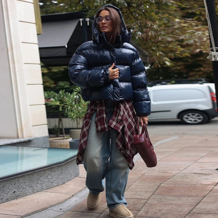 Women's Glossy Padded Jacket with Hood