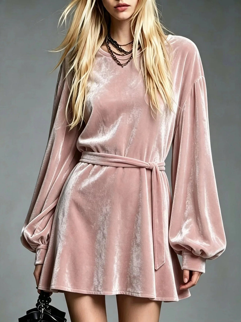 Women's Belted Velvet Dress in A Line Cut