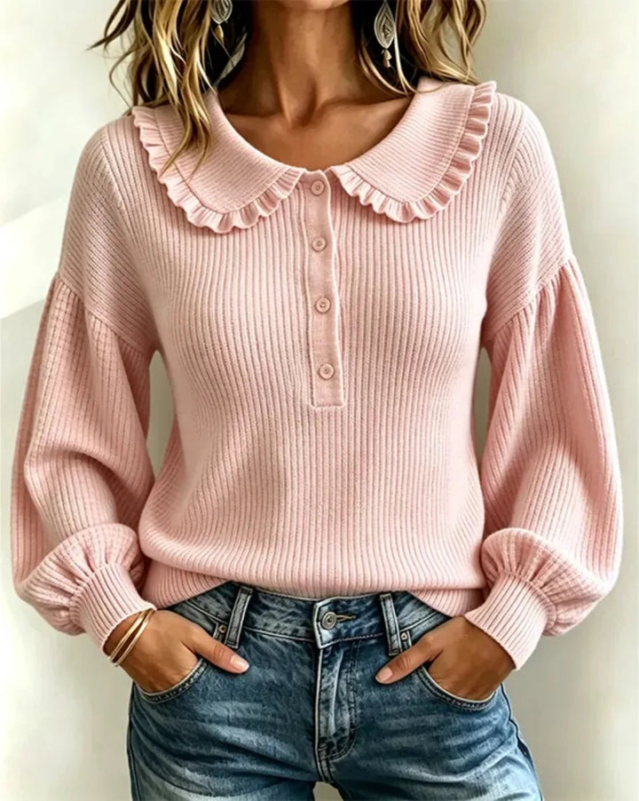 Women's Frill Collar Knit Top with Buttons
