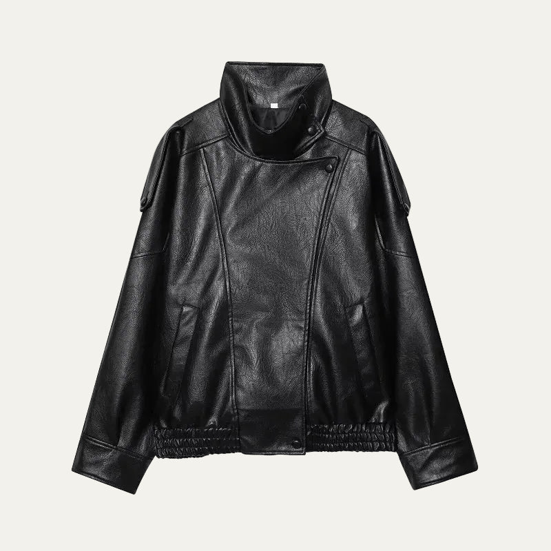 Women's Leather Oversized High Collar Bomber Jacket