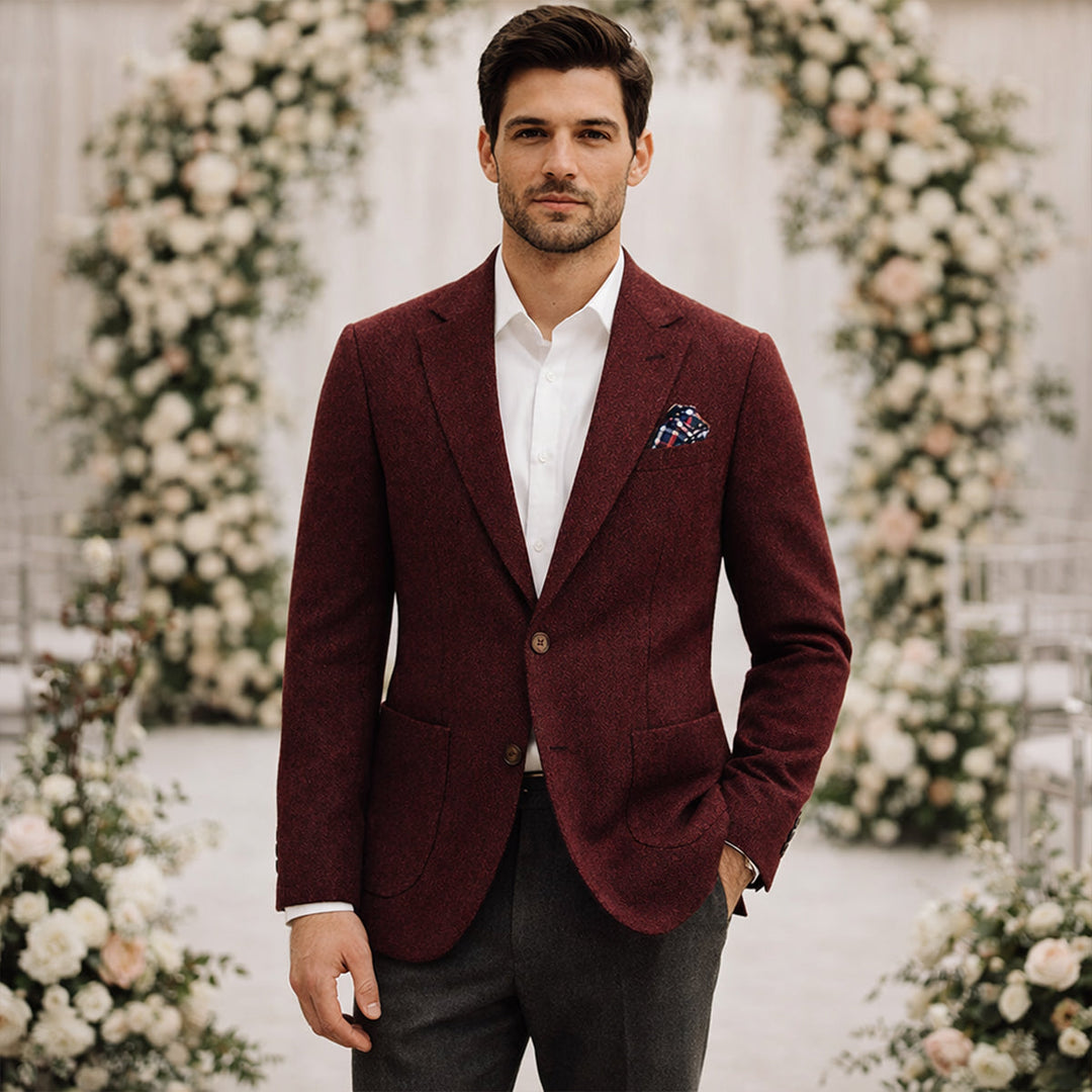 The Domaso Men’s Business Herringbone Single Breasted Wool Tweed Blazer - Wedding Guest