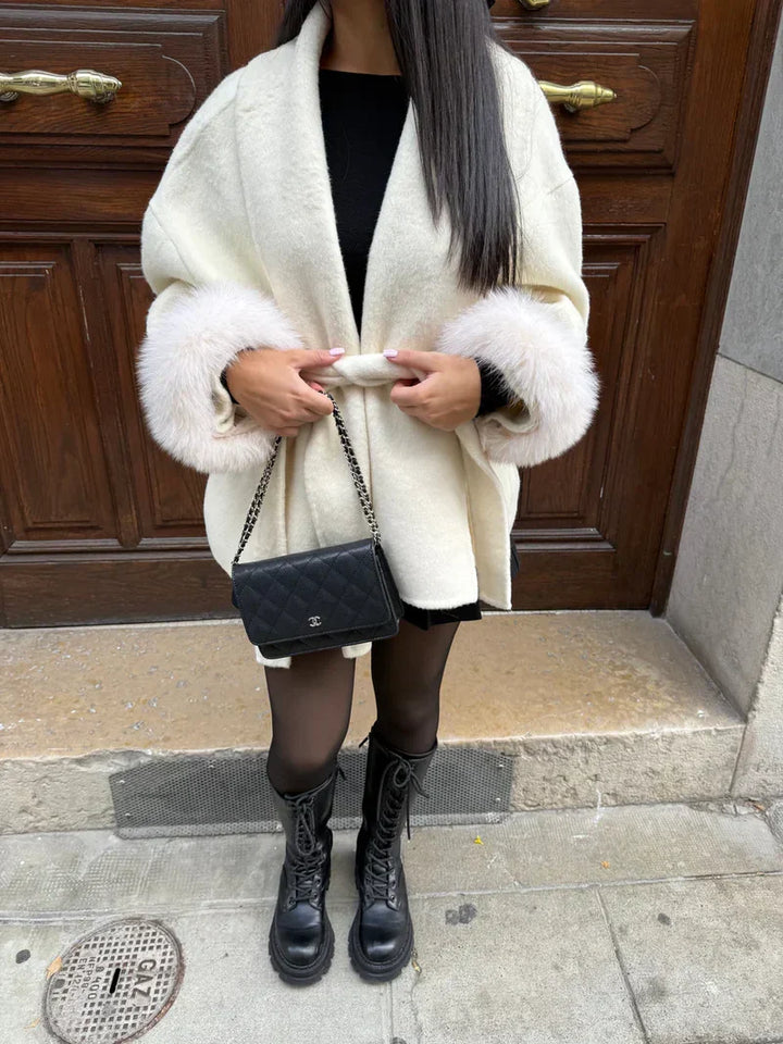 Women's Fur Cuff Wrap Coat – Elegant Belted Poncho Winter Jacket