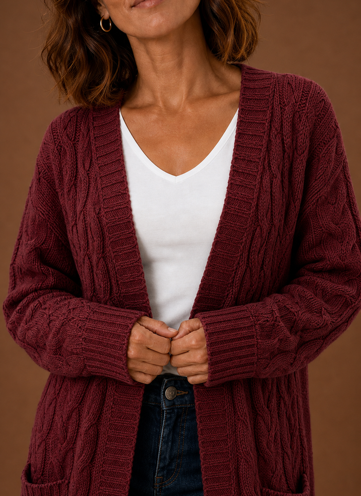 Women's Hooded Long Cable Knit Cardigan