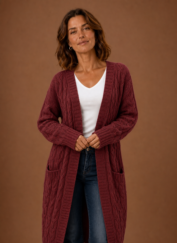 Women's Hooded Long Cable Knit Cardigan