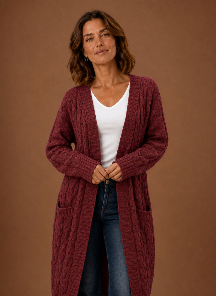Women's Hooded Long Cable Knit Cardigan
