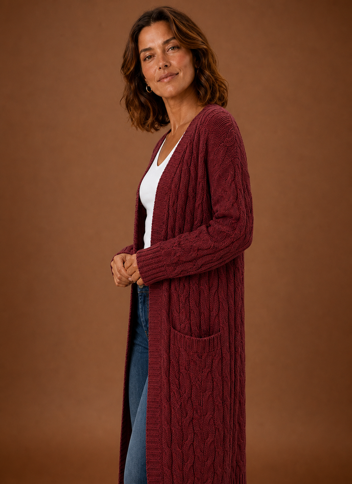 Women's Hooded Long Cable Knit Cardigan