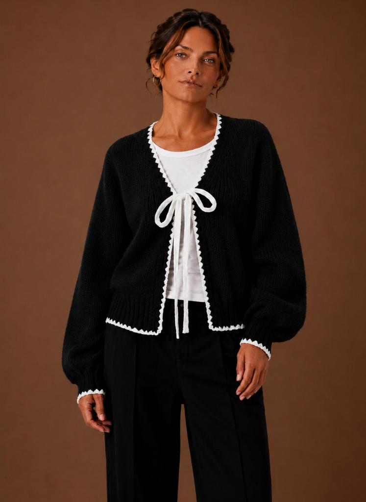 Women's Bow Front Scalloped Trim Cardigan
