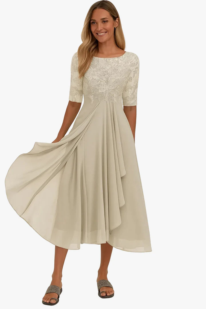 Midi Lace Dress with Sheer Elbow Sleeves