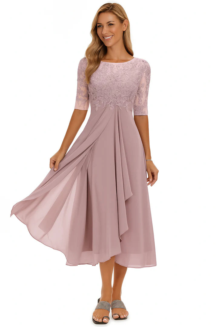 Midi Lace Dress with Sheer Elbow Sleeves