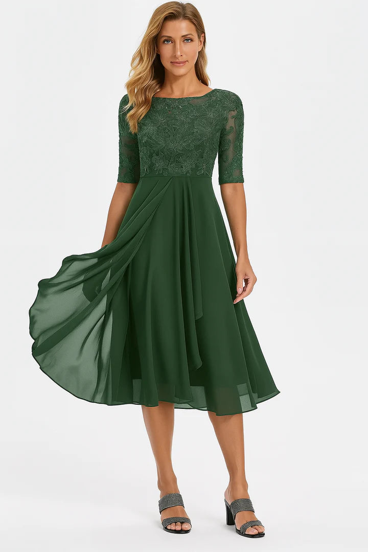 Midi Lace Dress with Sheer Elbow Sleeves