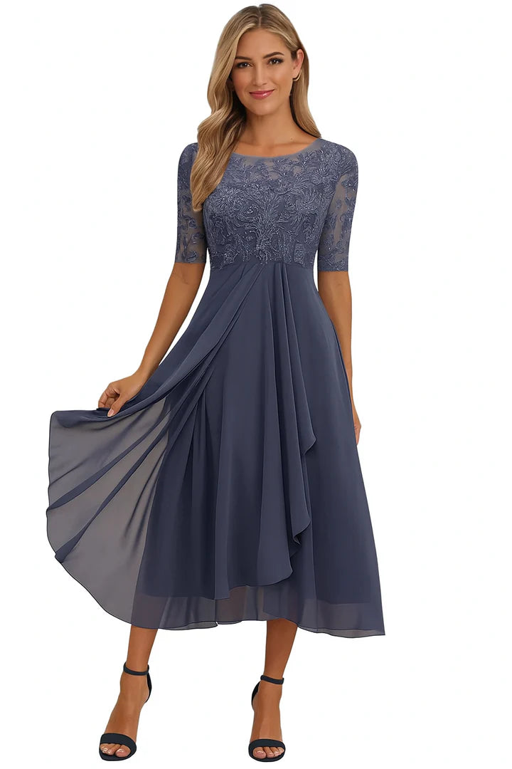 Midi Lace Dress with Sheer Elbow Sleeves